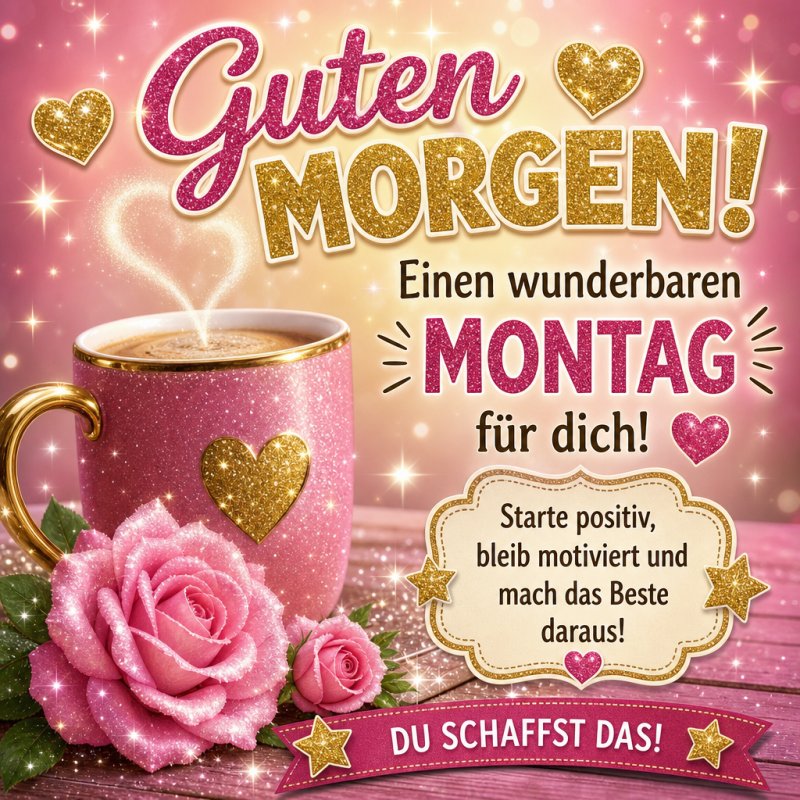 Ein rosa glitzernder Kaffeebecher mit Herzen und Rosen neben motivierenden Worten für einen Guten-Morgen-Gruß am Montag.