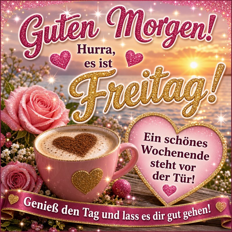 Ein farbenfroher Guten-Morgen-Gruß zeigt eine Kaffeetasse mit Schaumherz, umgeben von rosa Rosen und Herzdekorationen, mit einem See bei Sonnenuntergang.
