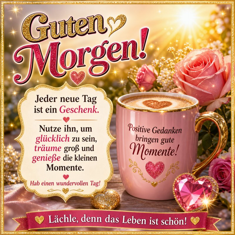 Eine rosa Tasse mit goldenem Henkel und Zitat steht neben rosa Rosenblüten als Teil eines Guten-Morgen-Grußes im romantischen Stil.