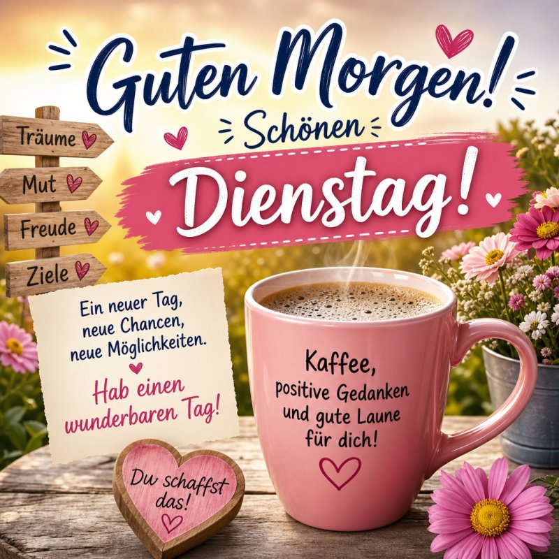 Ein Guten-Morgen-Gruß mit rosa Tasse, umgeben von Blumen und inspirierenden Botschaften, die zu einem wunderbaren Dienstag motivieren.