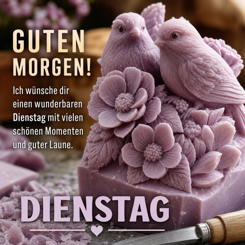 Zwei filigrane, rosafarbene Vögel und Blüten aus Seife zieren diese Bildkarte mit dem freundlichen Guten-Morgen-Gruß für einen schönen Dienstag.