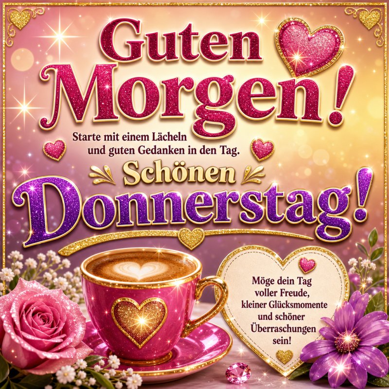 Eine glitzernde Guten-Morgen-Grußkarte mit Rosen, einer Kaffeetasse und funkelnden Herzen auf goldenem Hintergrund, die Schönen Donnerstag wünscht.