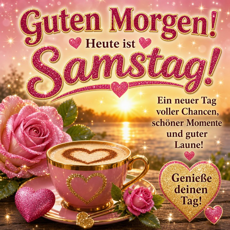 Ein romantischer Guten-Morgen-Gruß mit rosa Rosen, einer herzförmigen Cappuccino-Tasse und funkelnden Herzchen vor einem Sonnenaufgang am See.