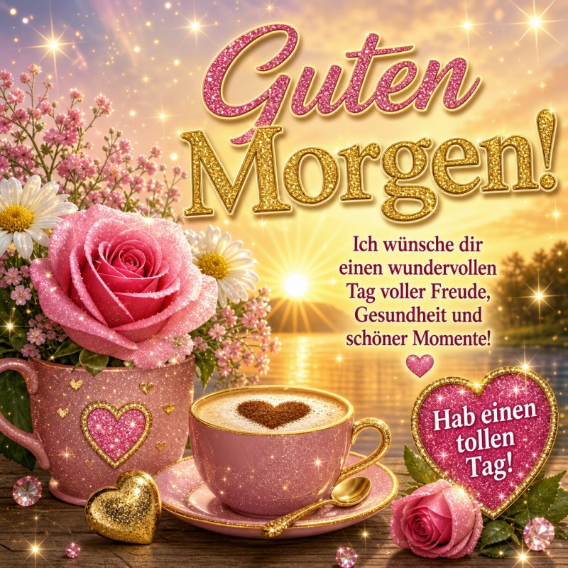 Ein romantischer Guten-Morgen-Gruß mit rosa Rosen, glitzernden Herzen und Tassen vor einem See im Sonnenaufgang, der einen wunderbaren Tag wünscht.