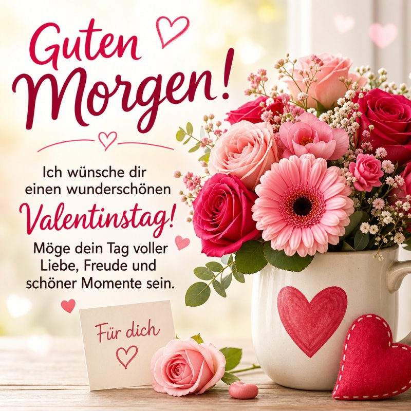 Ein Strauß roter und rosa Rosen in einer dekorativen Vase mit Herzen neben einer Karte mit einem Guten-Morgen-Gruß für den Valentinstag.