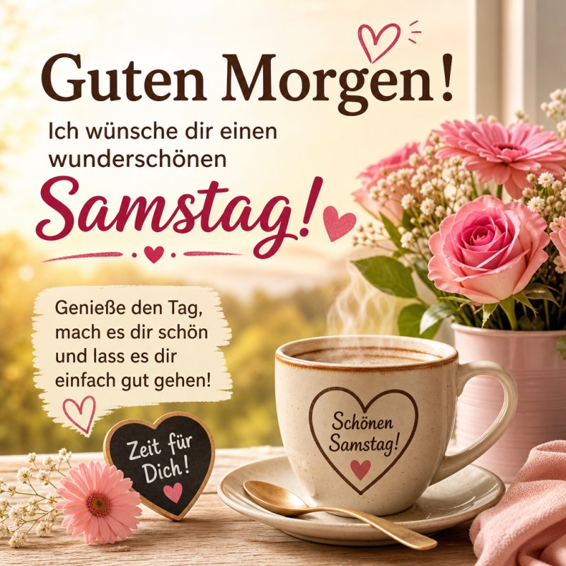 Ein gemütlicher Samstagmorgen mit einer Tasse Kaffee und Text 'Schönen Samstag' auf einem Herz, umgeben von rosa Rosen als Guten-Morgen-Gruß.
