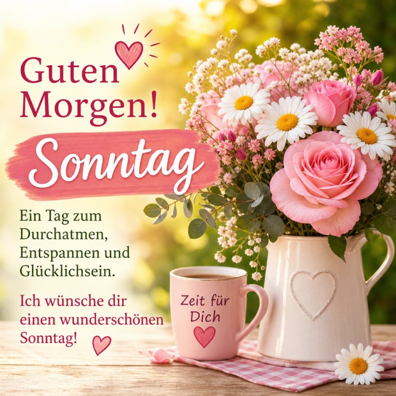 Ein liebevoll arrangierter Guten-Morgen-Gruß zeigt einen Strauß aus rosa Rosen und Gänseblümchen in herzverzierten Vasen auf einem Holztisch.