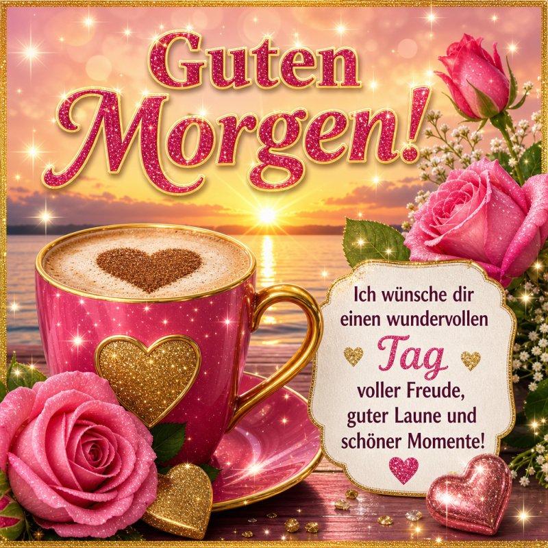 Ein leuchtender Guten-Morgen-Gruß zeigt eine rosa Kaffeetasse mit Herzmotiv, umgeben von Rosen und Glitzer, vor einem goldenen Sonnenaufgang über dem Meer.
