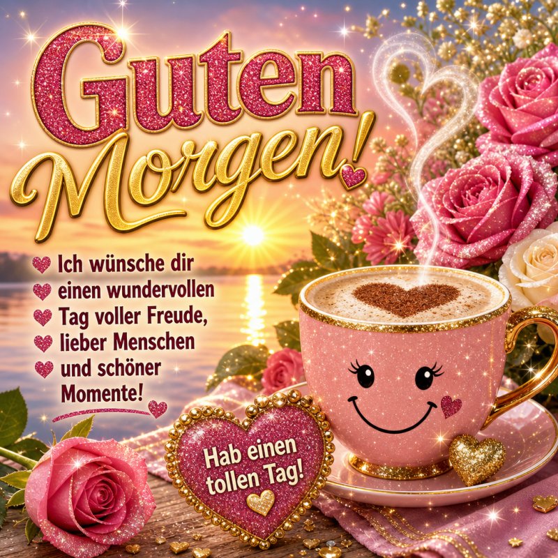 Ein fröhlicher Guten-Morgen-Gruß mit einer lächelnden Kaffeetasse, umgeben von Rosen, Glitzerherzen und dem goldenen Schriftzug 'Guten Morgen'.