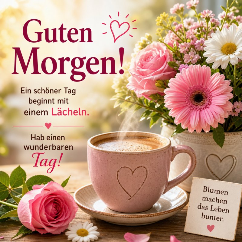 Ein herzlicher Guten-Morgen-Gruß mit einer rosa Tasse Kaffee, umgeben von zarten Blumenarrangements mit Rosen und Gerbera auf einem Holztisch.