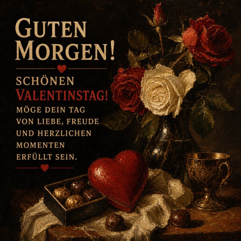 Ein romantisches Stillleben mit roten und weißen Rosen, Pralinen, Herz und Kelch als Valentinstags-Gruß für einen liebevollen Guten-Morgen-Gruß.