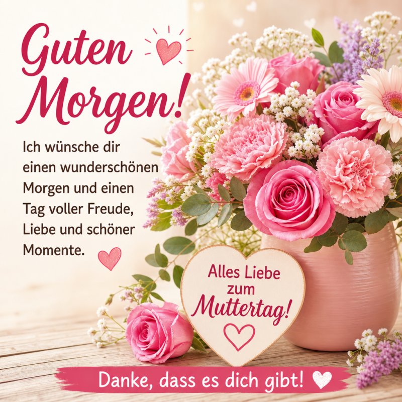 Ein liebevoller Guten-Morgen-Gruß mit einem Rosenstrauß und einer herzförmigen Holzkarte zum Muttertag in pastellfarbenem Ambiente.