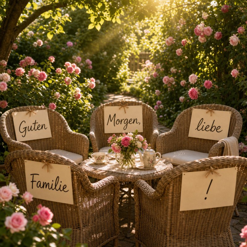 Guten-Morgen-Gruß: Sonnenlicht durchschimmert einen Garten mit Rosen und Korbmöbeln, während handgeschriebene Kärtchen auf den Lehnen das Wort bilden.