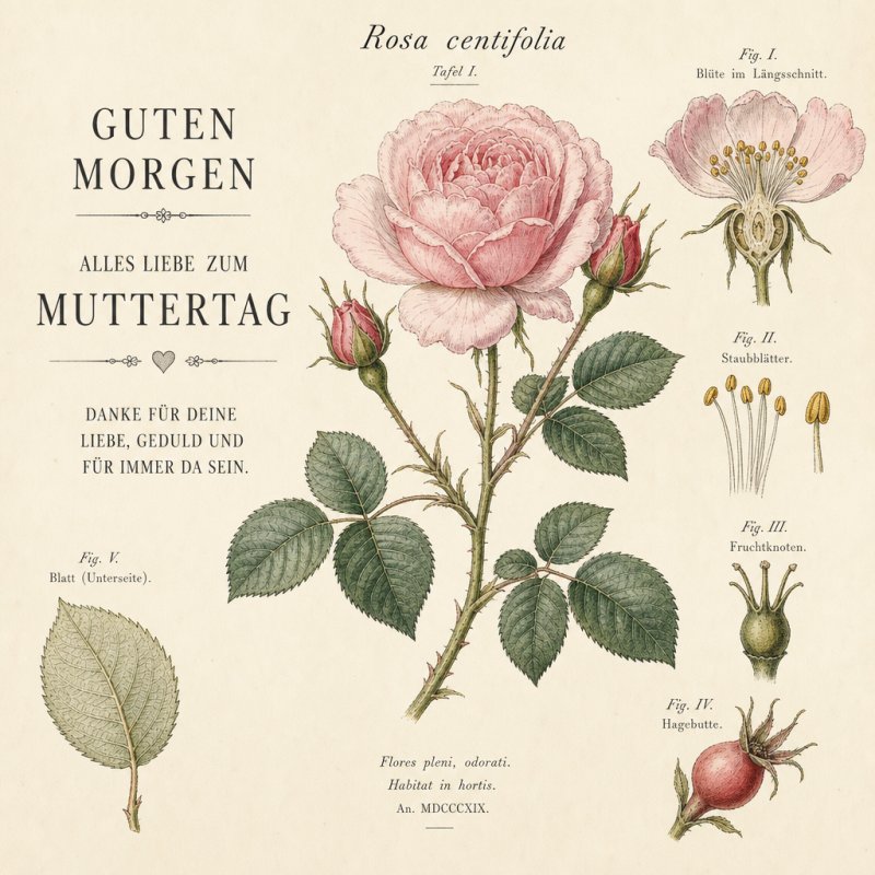 Illustrierte Blumen mit Rose und botanischen Details schmücken den Guten-Morgen-Gruß für den Muttertag, der eine herzliche Botschaft enthält.