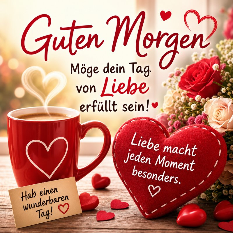 Ein roter Becher mit Herzen, rote Rosen und ein Herzkissen mit Spruch strahlen Zuneigung aus, passend für einen liebevollen Guten-Morgen-Gruß.