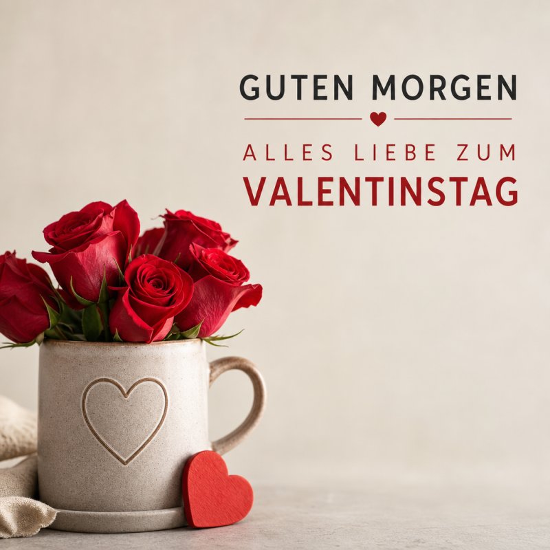 Ein rustikaler Becher mit eingraviertem Herz und roten Rosen verleiht dem Guten-Morgen-Gruß zum Valentinstag eine romantische Stimmung.