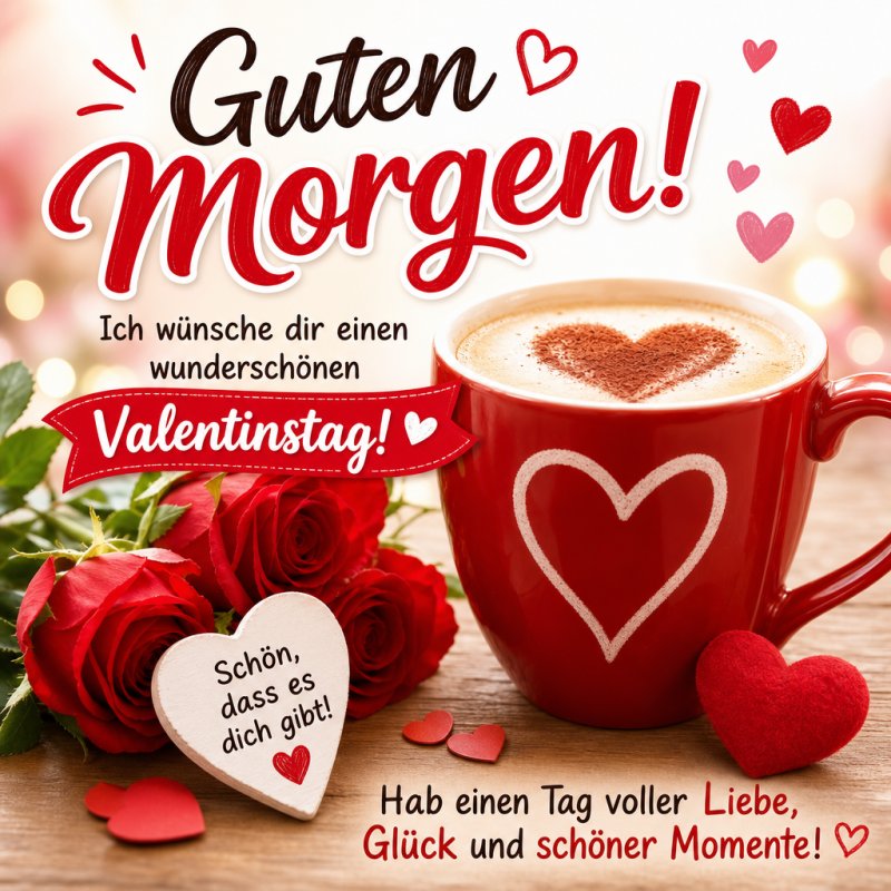 Ein gemütlicher Guten-Morgen-Gruß mit einer Tasse Kaffee mit Herzmuster, roten Rosen und herzförmigen Dekorationen auf einem Holztisch.
