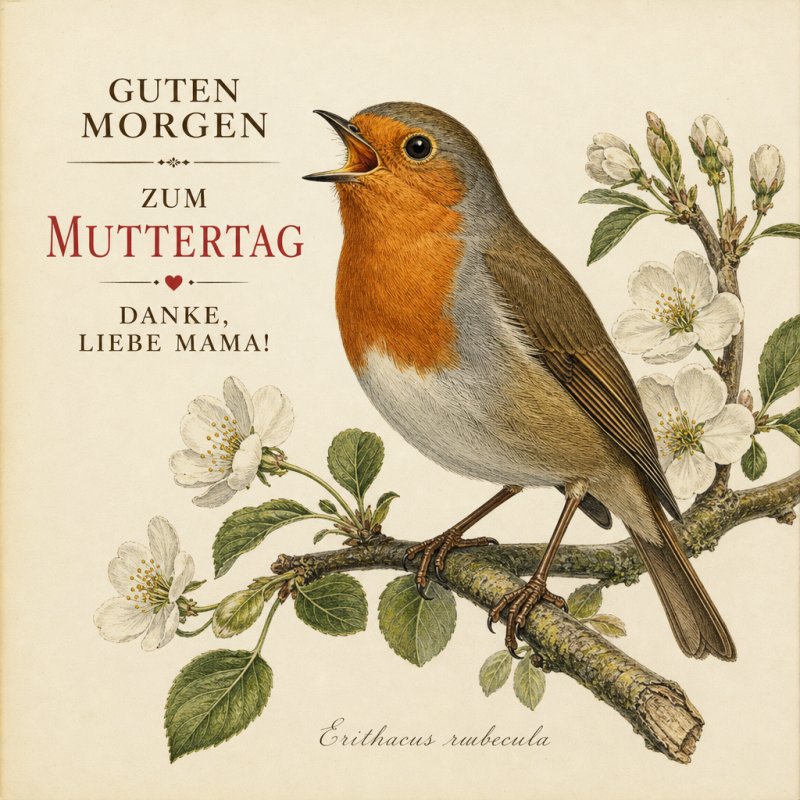 Ein Rotkehlchen sitzt auf einem blühenden Apfelbaumzweig und singt, begleitet von einem Guten-Morgen-Gruß zum Muttertag mit dem Text 'Danke, liebe Mama!'.