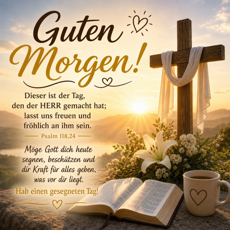 Ein hölzernes Kreuz steht vor einer friedlichen Landschaft, umgeben von Blumen, Buch und Tasse, begleitet von einem liebevollen Guten-Morgen-Gruß.