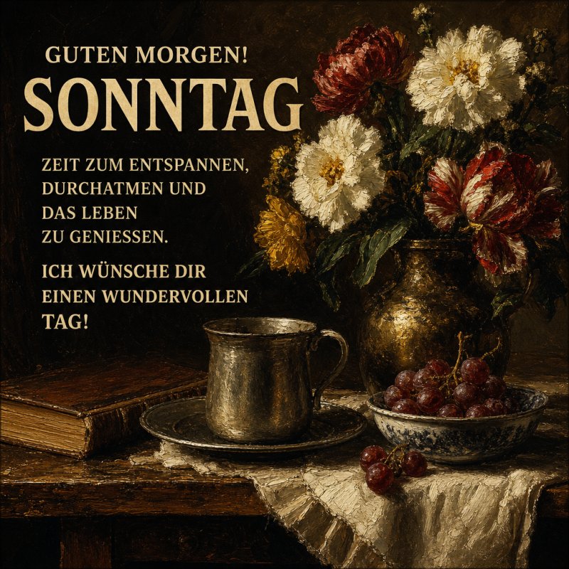 Ein rustikales Stillleben zeigt eine kupferne Vase mit Blumen, einen Becher, ein Buch und Trauben auf einem Tisch, begleitet von einem Guten-Morgen-Gruß zum Sonntag.