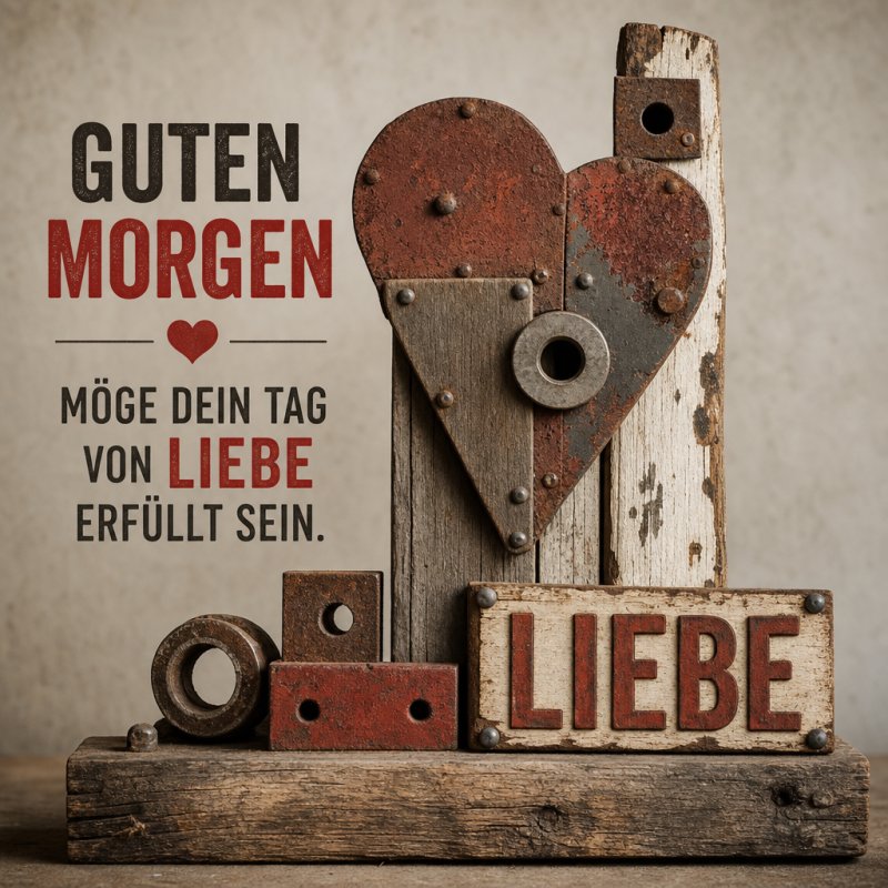 Eine rustikale Holzskulptur mit einem Herz aus Metall und Holzblöcken, die das Wort 'Liebe' zeigen, begleitet von einem Guten-Morgen-Gruß.