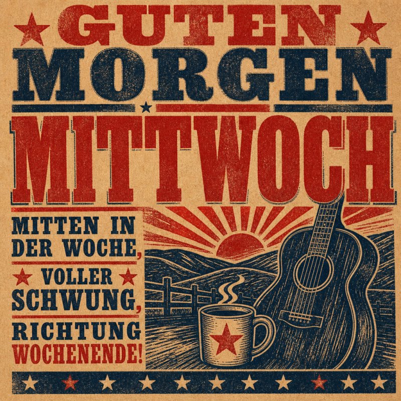 Ein rustikaler Guten-Morgen-Gruß mit Gitarre, Kaffeetasse und Sonnenstrahlen verkündet den Start in den Mittwoch.