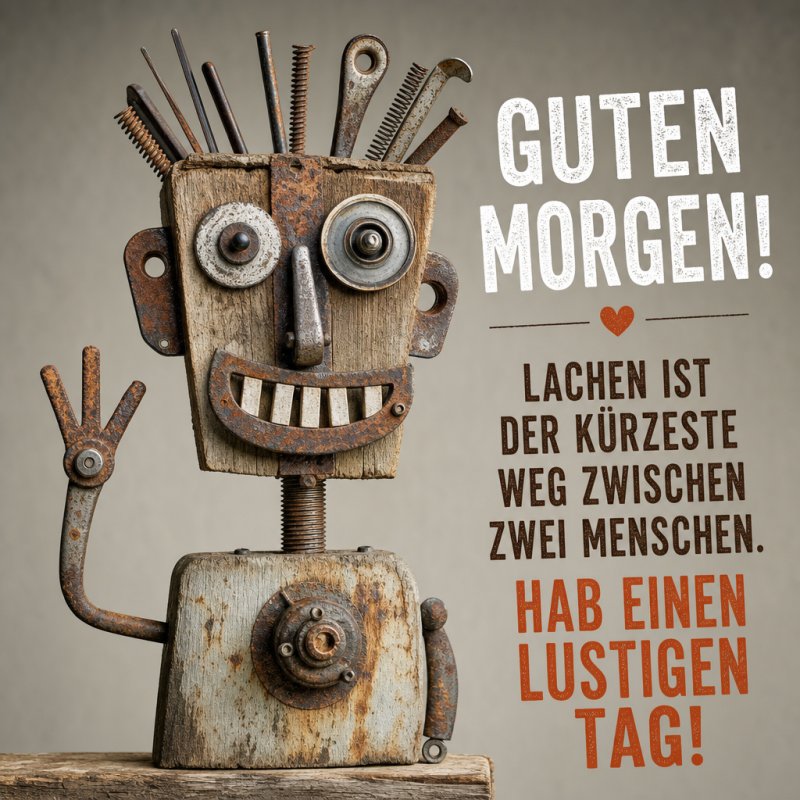 Ein kreativ gestalteter Roboter aus Metall und Holz lächelt mit einem Guten-Morgen-Gruß, der gute Laune und Humor vermittelt.