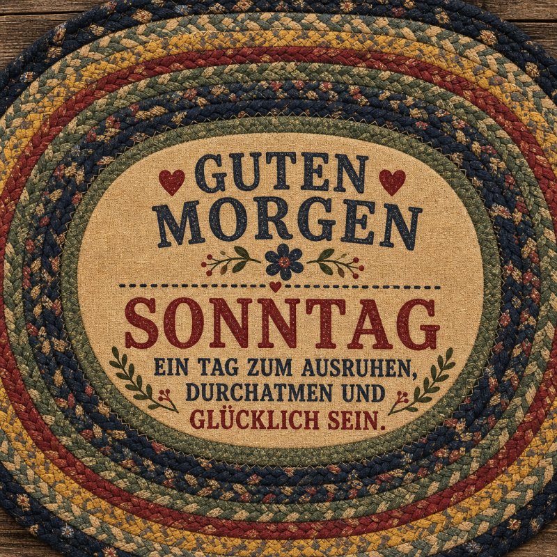 Ein rustikaler Guten-Morgen-Gruß zeigt einen geflochtenen Teppichkreis mit dem Text „Sonntag: Ein Tag zum Ausruhen, Durchatmen und Glücklich sein.”