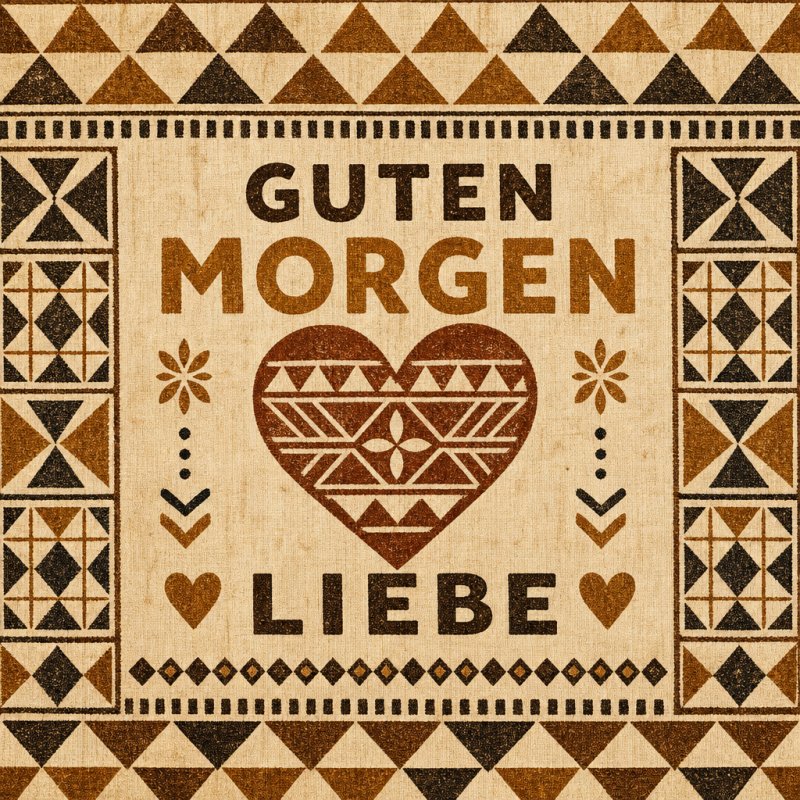 Ein rustikales Design zeigt geometrische Muster und ein zentrales Herz mit Stammenmotiven, umgeben von Blumen und Herzen als warmer Guten-Morgen-Gruß.