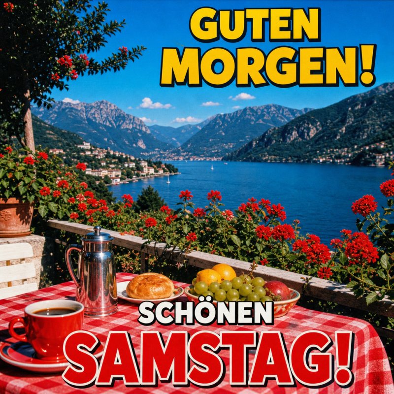 Ein Frühstückstisch mit Kaffee, Gebäck und Obst steht auf einer Terrasse mit Seeblick und Blumen, begleitet von einem freundlichen Guten-Morgen-Gruß.