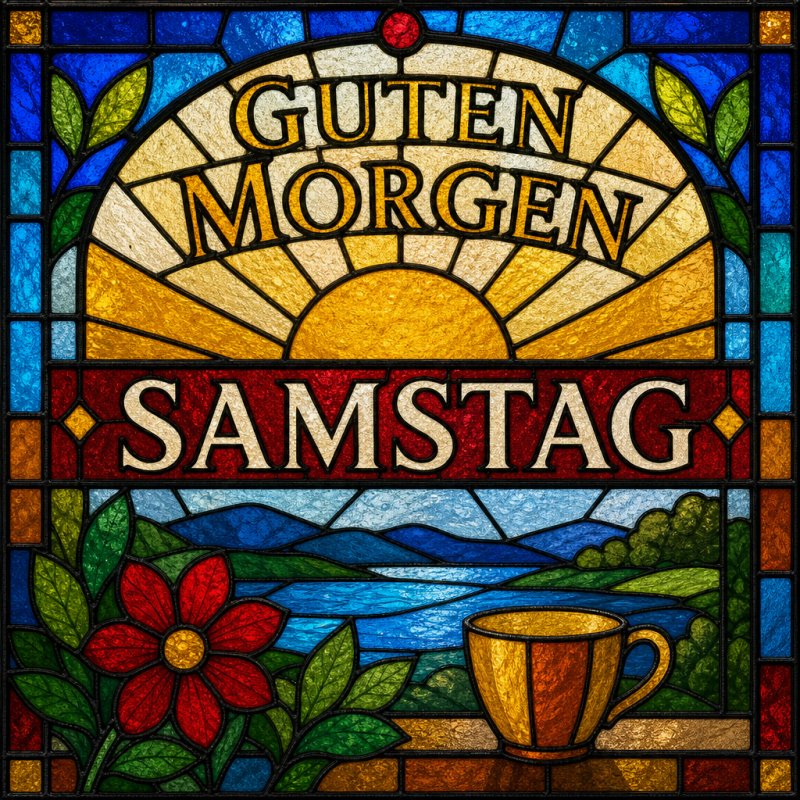 Ein farbenfrohes Glasmosaik zeigt einen „Guten Morgen“-Gruß mit der Sonne, die über Bergen und einem See aufgeht, sowie eine rote Blume und eine Tasse Kaffee.