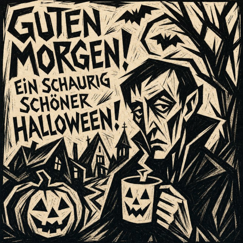 Ein düsterer Halloween-Guten-Morgen-Gruß zeigt einen melancholischen Mann mit Kaffeetasse, Kürbissen und Fledermäusen im Holzschnittstil.
