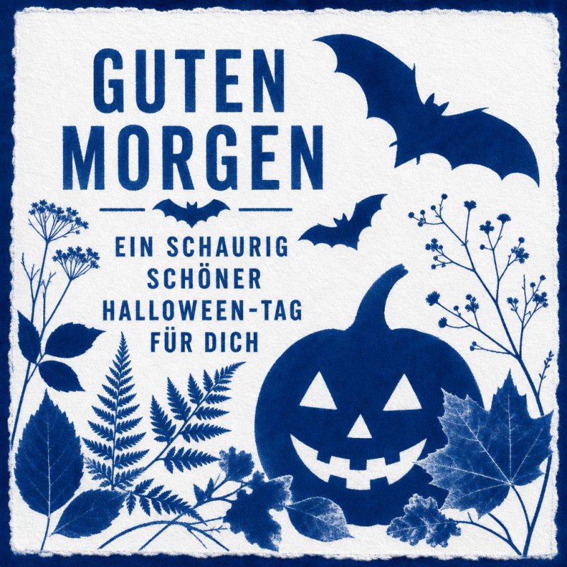 Blaue Silhouetten von Kürbissen, Fledermäusen und Pflanzen zieren die Karte mit einem Guten-Morgen-Gruß für einen schaurig schönen Halloween-Tag.