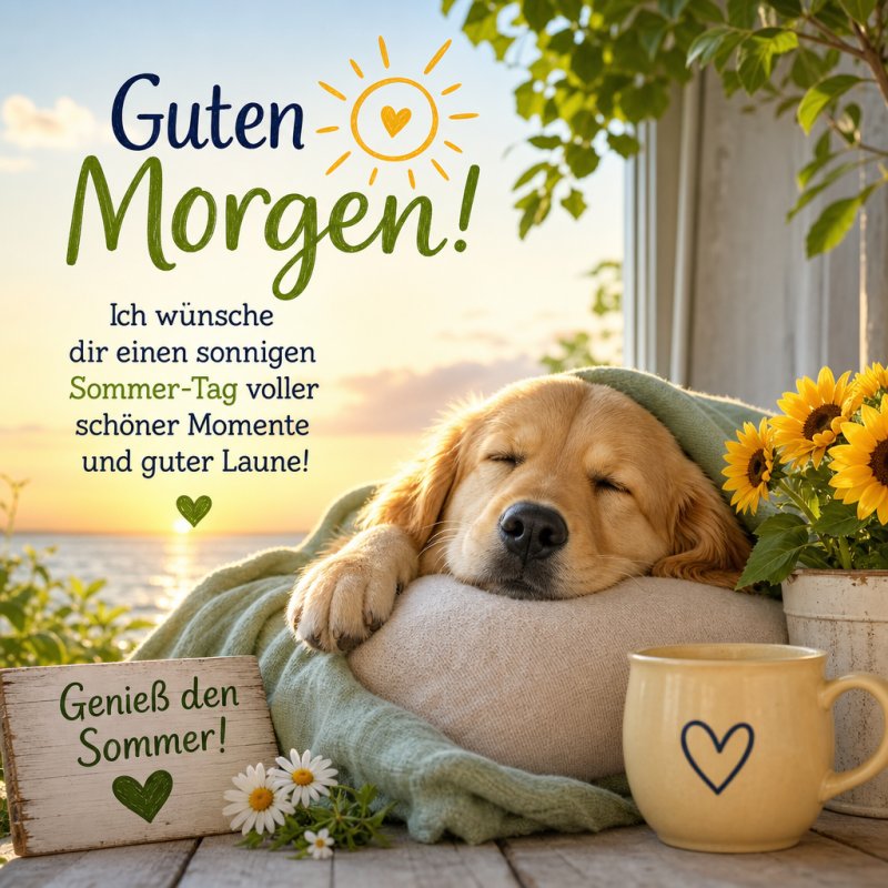 Ein schlafender Hund liegt auf einem Kissen neben Sonnenblumen mit einem Meerblick, während ein Guten-Morgen-Gruß den Sommer begrüßt.