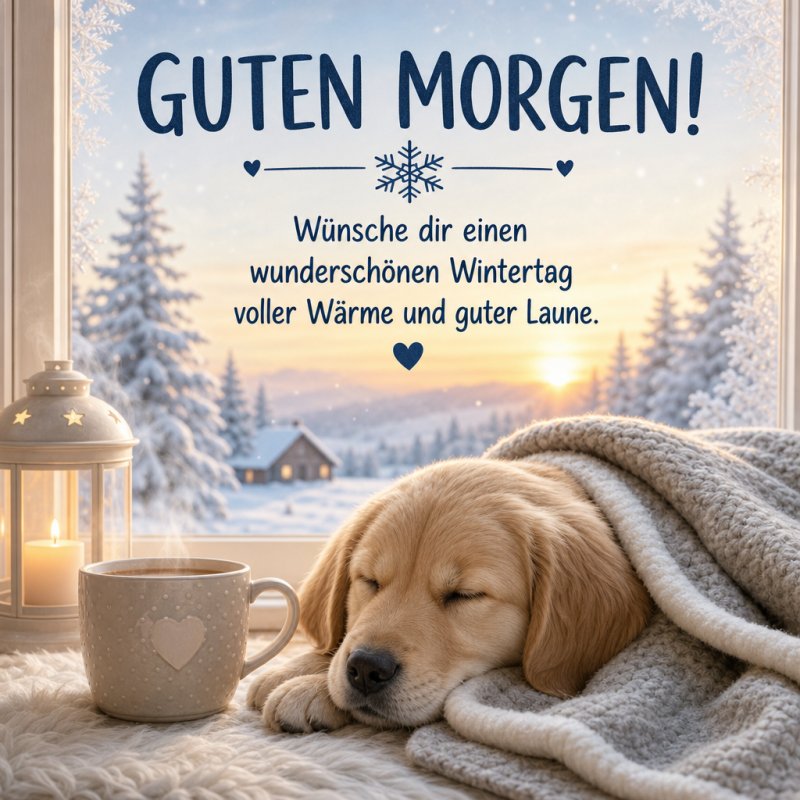 Ein schlafender Hund liegt gemütlich in einer Decke vor einem Fenster mit Winterlandschaft und einer Kerze, während der Guten-Morgen-Gruß erscheint.