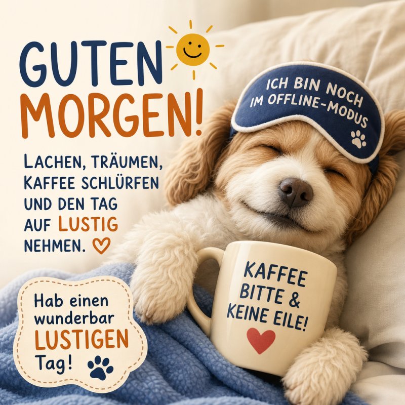 Ein süßer Hund mit Schlafmaske kuschelt unter einer blauen Decke und hält eine Kaffeetasse, ein humorvoller Guten-Morgen-Gruß für einen lustigen Start in den Tag.