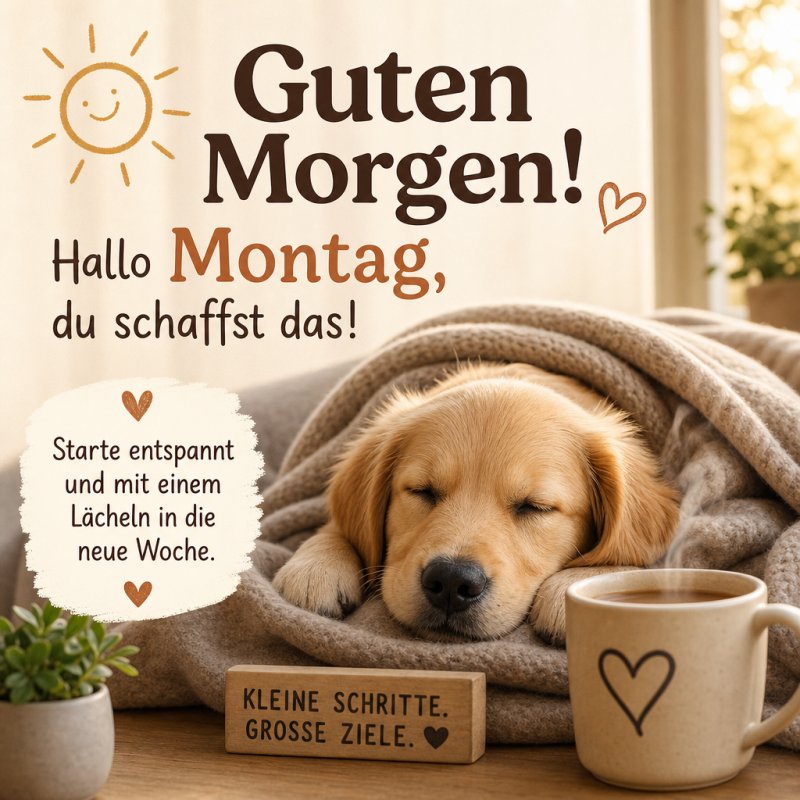 Ein schlafender Hund unter einer Decke mit einer Tasse Kaffee und einem Motivationsspruch vermitteln einen ruhigen Start in den Montag mit einem Guten-Morgen-Gruß.
