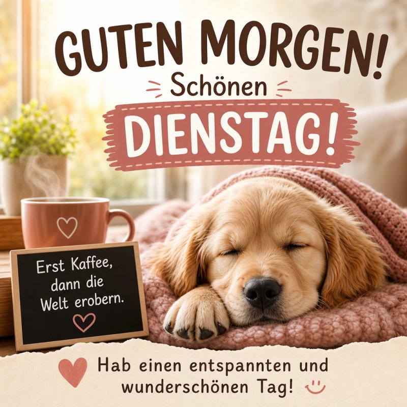 Ein schlafender Hund unter einer Decke mit einer Tafel, die einen Kaffee-Guten-Morgen-Gruß zeigt, verleiht dem Bild eine gemütliche Atmosphäre für Dienstag.