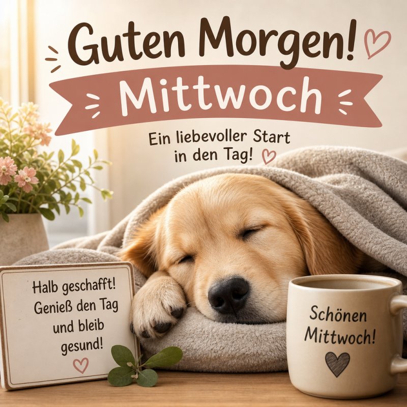 Ein schlafender Hund unter einer Decke neben einer Tasse und einem Topf mit Blume vermittelt einen herzlichen Guten-Morgen-Gruß für Mittwoch.
