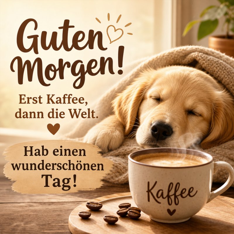 Ein schlafender Hund kuschelt neben einer dampfenden Kaffeetasse, während Sonnenlicht durch ein Fenster scheint, als herzlicher Guten-Morgen-Gruß.