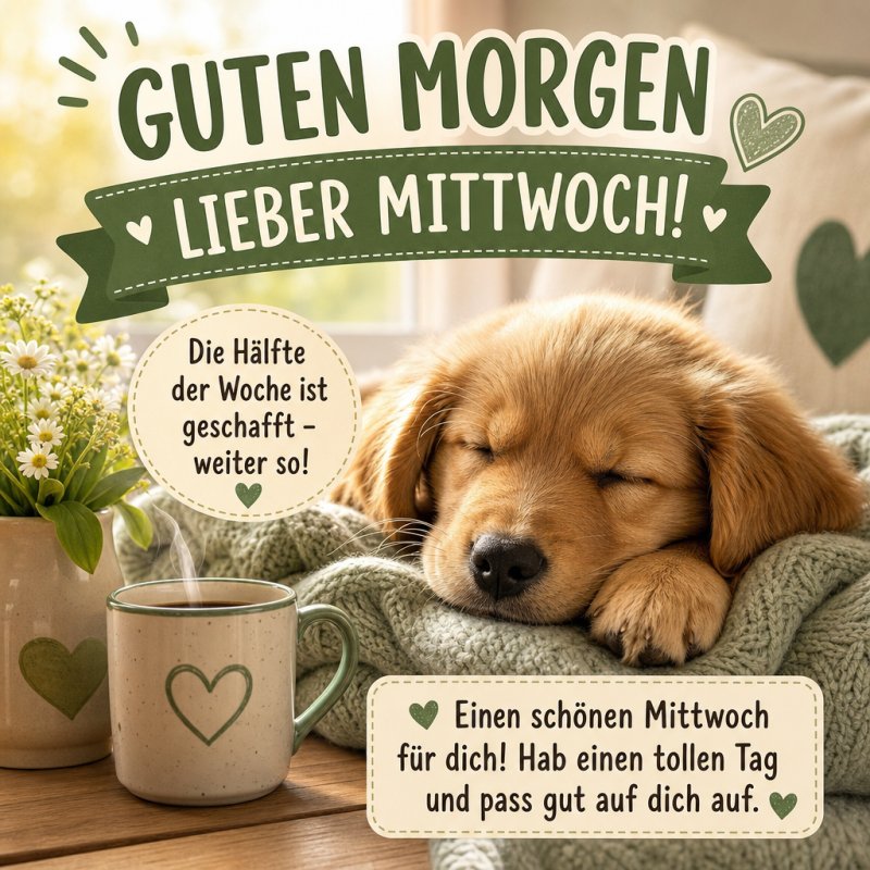 Ein gemütlicher Guten-Morgen-Gruß zeigt einen schlafenden Welpen neben einer Tasse Kaffee und Blumen, mit Schriftzug 'Lieber Mittwoch'.