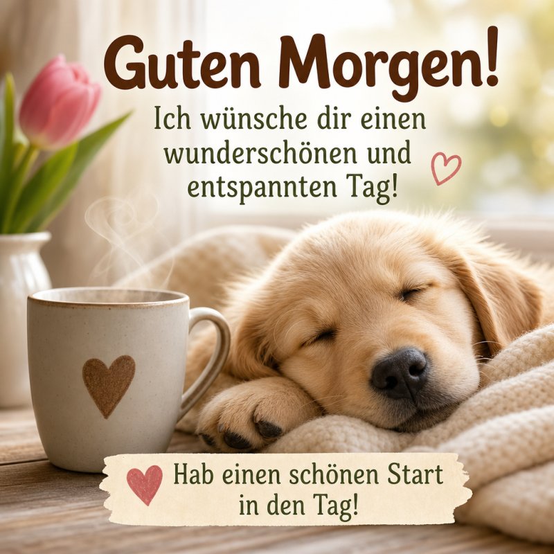 Ein schlafender Welpe liegt neben einer dampfenden Kaffeetasse und einer Tulpe, begleitet von einem liebevollen Guten-Morgen-Gruß.