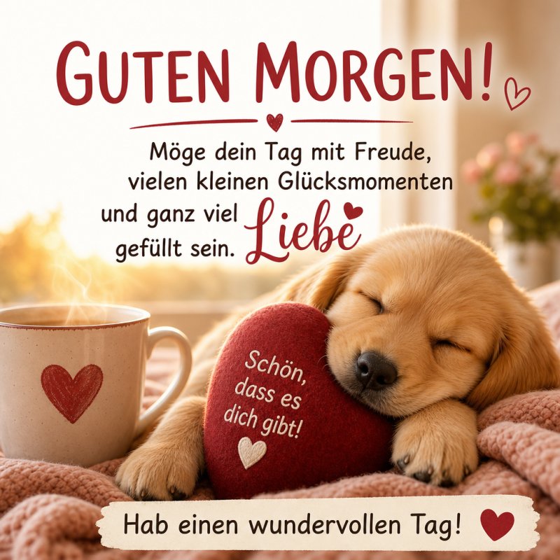 Ein süßer Welpe schläft mit einem roten Herzkissen neben einer warmen Tasse Kaffee auf einem Holztisch als liebevoller Guten-Morgen-Gruß.