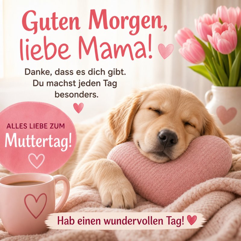 Ein schlafender Hund mit einem rosa Kissen, Blumen und einer Tasse Tee vermittelt einen liebevollen Guten-Morgen-Gruß zum Muttertag.