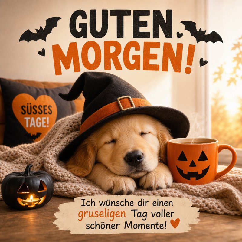 Ein schlafender Welpe mit Hexenhut liegt neben einer Kürbistasse und einem leuchtenden Kürbis; ein herbstlicher Guten Morgen Halloween-Gruß.