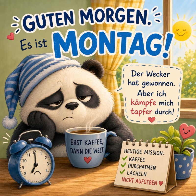 Ein müder Panda mit Schlafmütze hält eine Kaffeetasse und wird von einem Wecker begleitet, während die Sonne scheint und er einen guten Morgen wünscht.