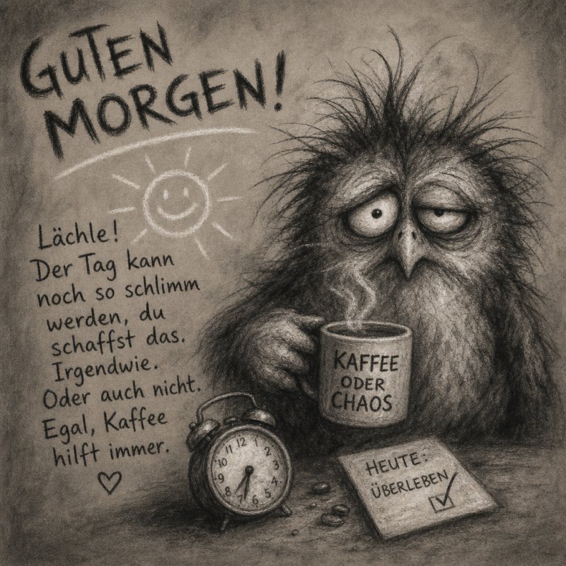 Ein müde wirkender Vogel mit großem Kaffee und Zettel 'Heute überleben' vermittelt einen lustigen Guten-Morgen-Gruß im skizzenhaften Stil.