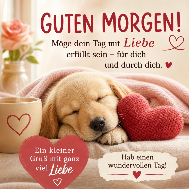 Ein schlafender Hundewelpe liegt auf einer Decke neben einer Tasse und einem gestrickten Herz, begleitet von einem liebevollen Guten-Morgen-Gruß.