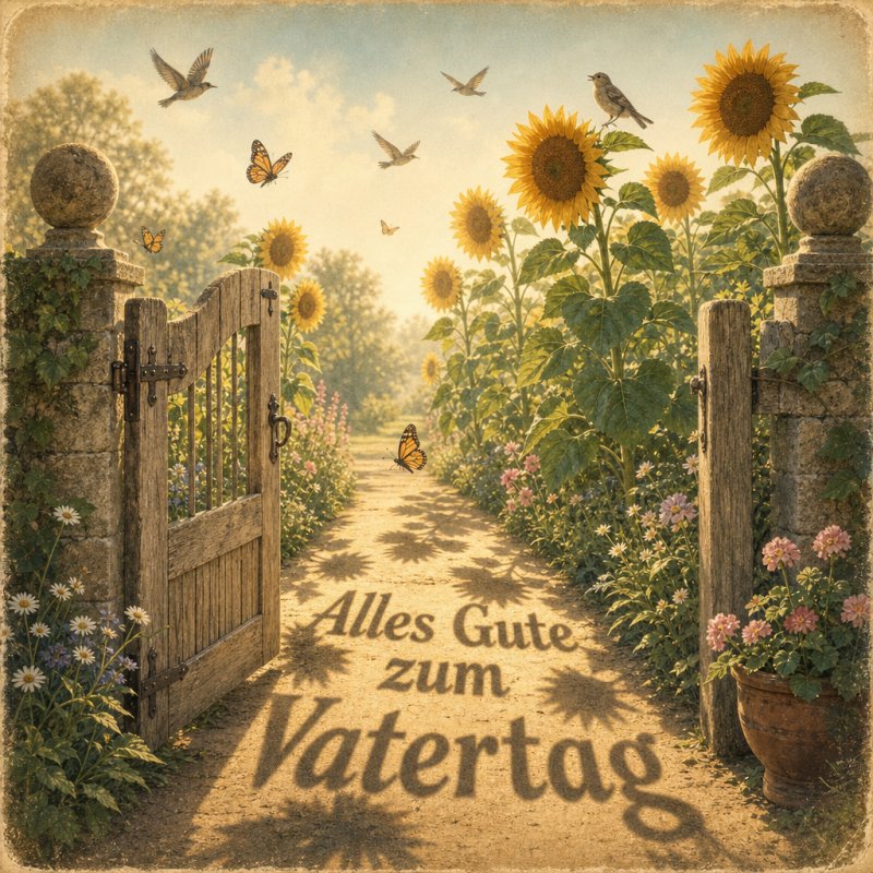 Guten-Morgen-Gruß in Form eines nostalgischen Postkartendrucks: Eine Bauerngarten-Szene mit hohen Sonnenblumen, Schmetterlingen und dem Text 'Alles Gute zum Vatertag' im Blumenschatten.
