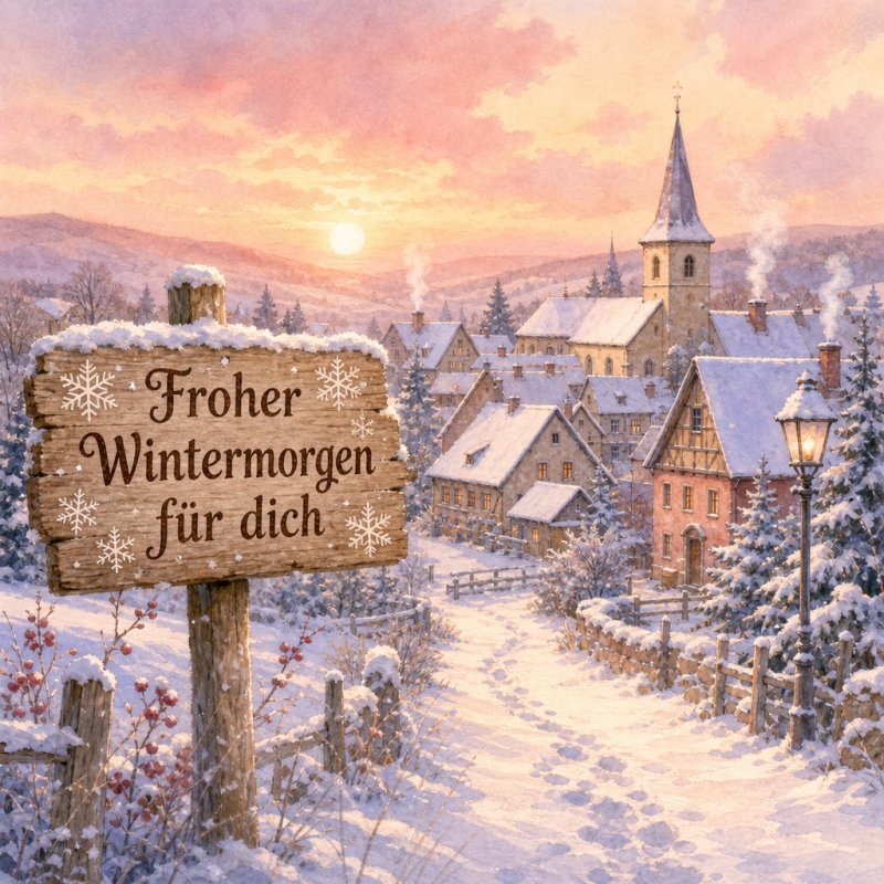 Guten-Morgen-Gruß im zarten Aquarell: ein verschneites Dorf im ruhigen Morgenlicht; pastellfarbene Schneelandschaft mit einem hölzernen Schild am Wegesrand.